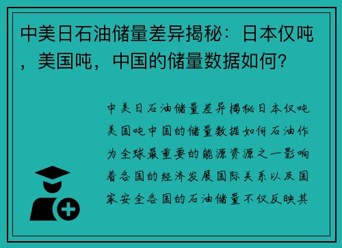 中美日石油储量差异揭秘：日本仅吨，美国吨，中国的储量数据如何？