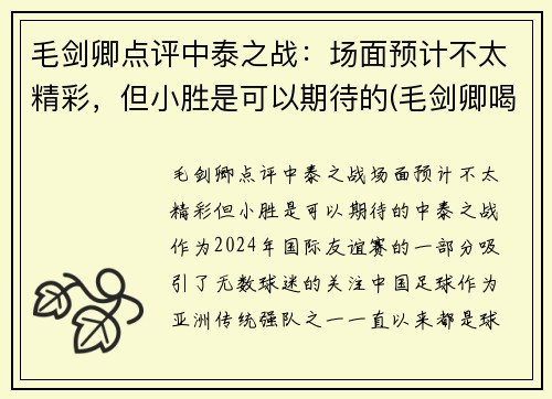 毛剑卿点评中泰之战：场面预计不太精彩，但小胜是可以期待的(毛剑卿喝酒)